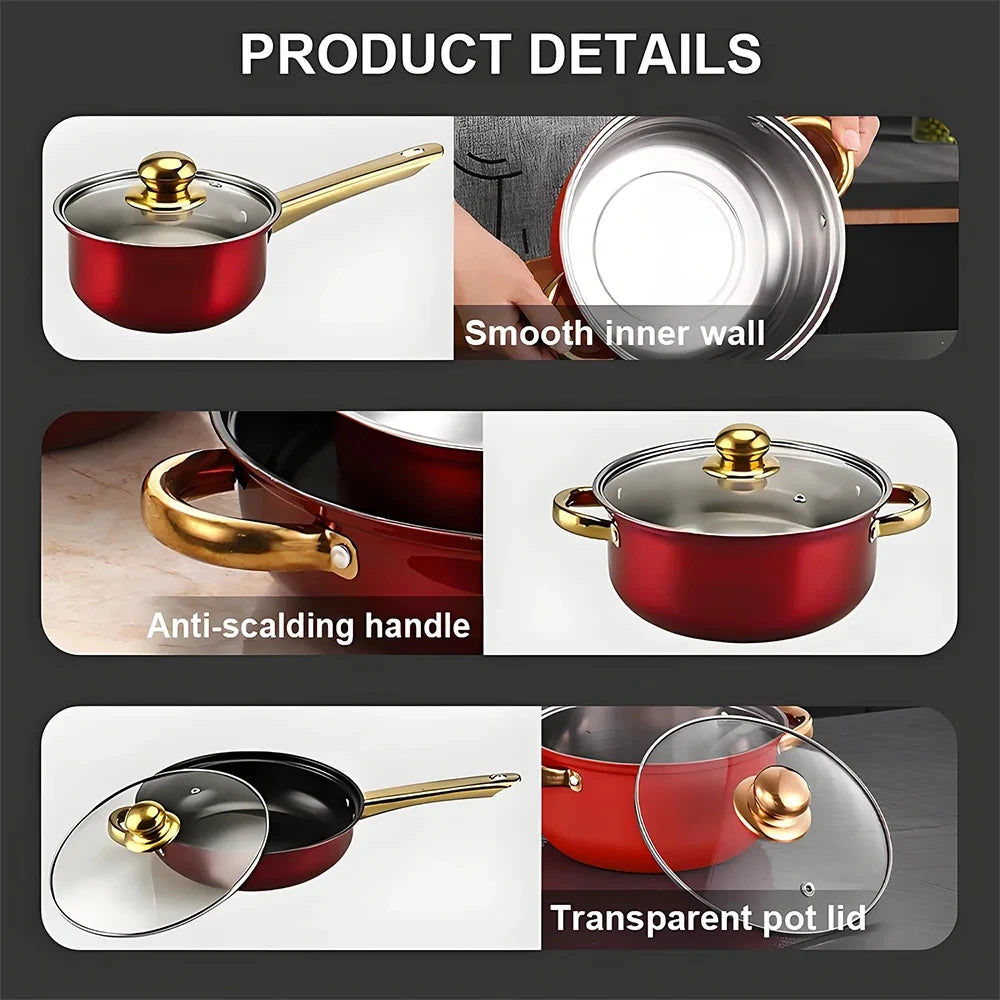 12PCS Stainless Steel Colored Cookware Set Milk Pot Pan Frying Pot Kitchenware Non-stick Pan Gold-plated Handle Soup Pot