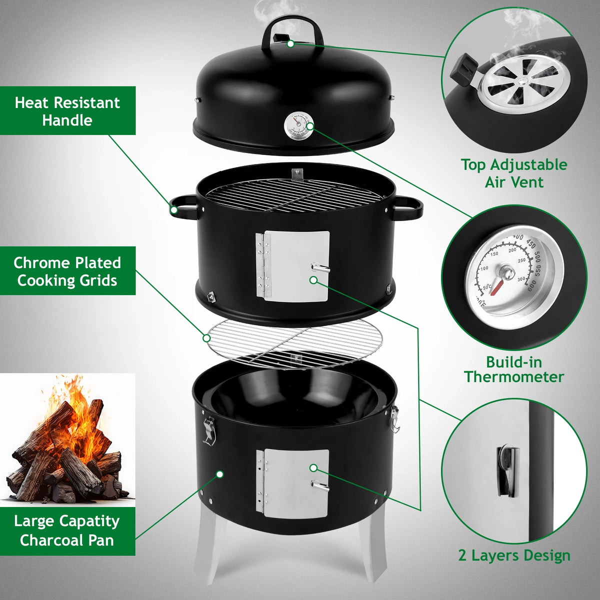 Vertical Steel Charcoal Smoker Heavy Duty Double Layer Round BBQ Grill for Outdoor Cooking Black with Thermometer Chrome Grates