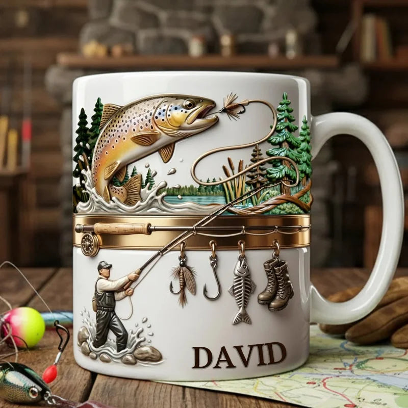 2D print Fishing Lover Gift Mug-Personalized Fishing Cup for Angler,Custom Name Fish Design Ceramic Coffee Mug Birthday Present