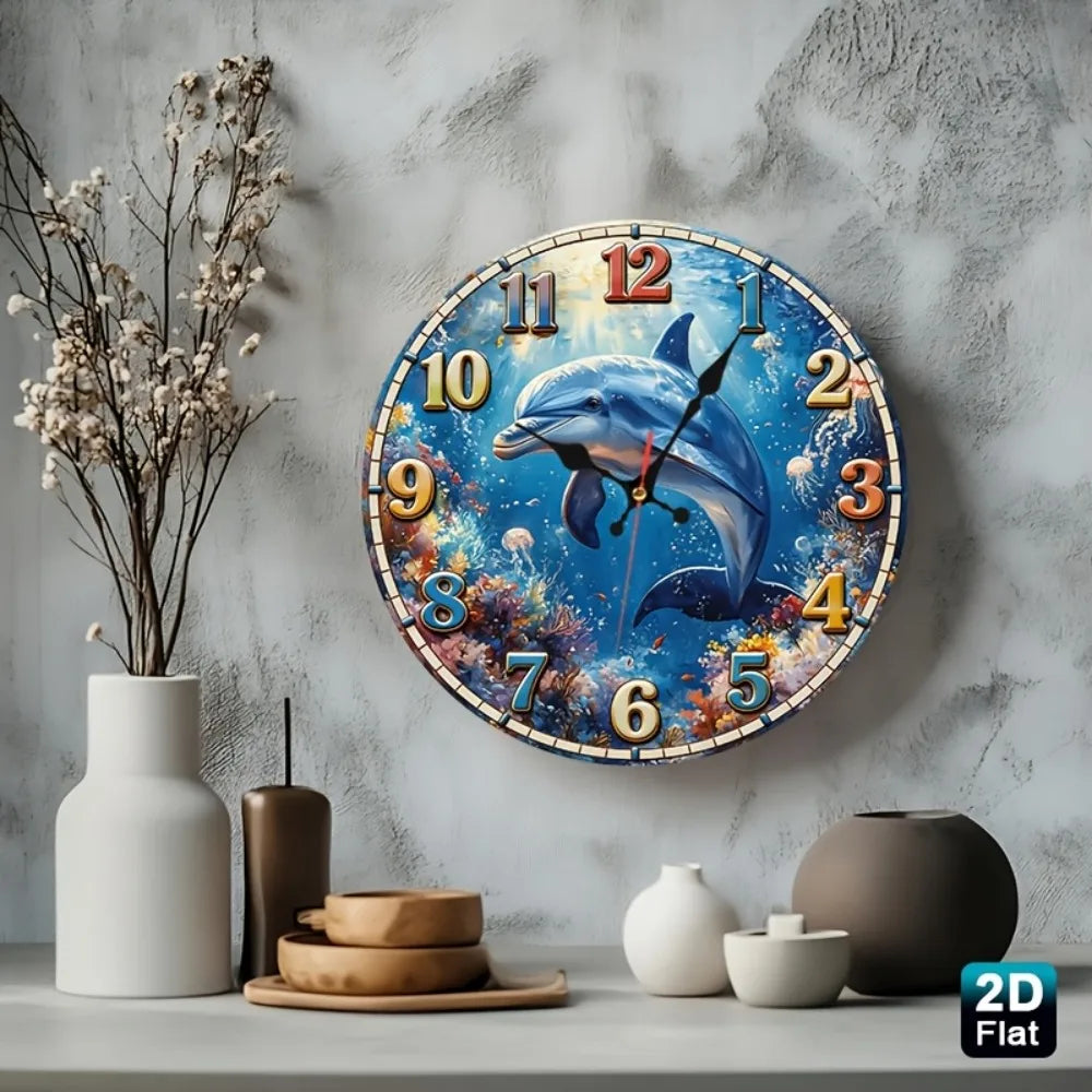 1pc Coral Reef Dolphin Nursery Wall Clock - Silent Non-Ticking Round Room Decor with Wood Frame, Coral Reef & Dolphin Suitable f