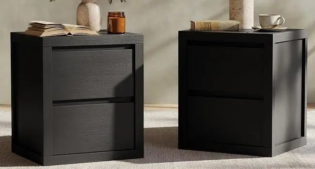 Set of 2 Wooden Nightstands With 2 Handle-Free Storage Drawers, Thickened Bedside End Side Table For Bedroom Black Finish