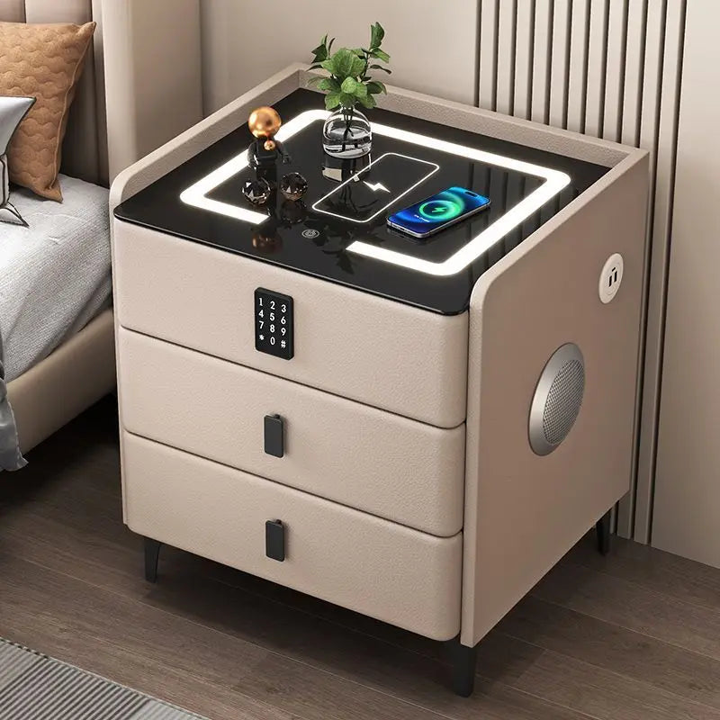 Smart Multifunctional Bedside Table with Wireless ChargerTouch Control 3-Color LEDLightModern Nightstand with Solid Wood