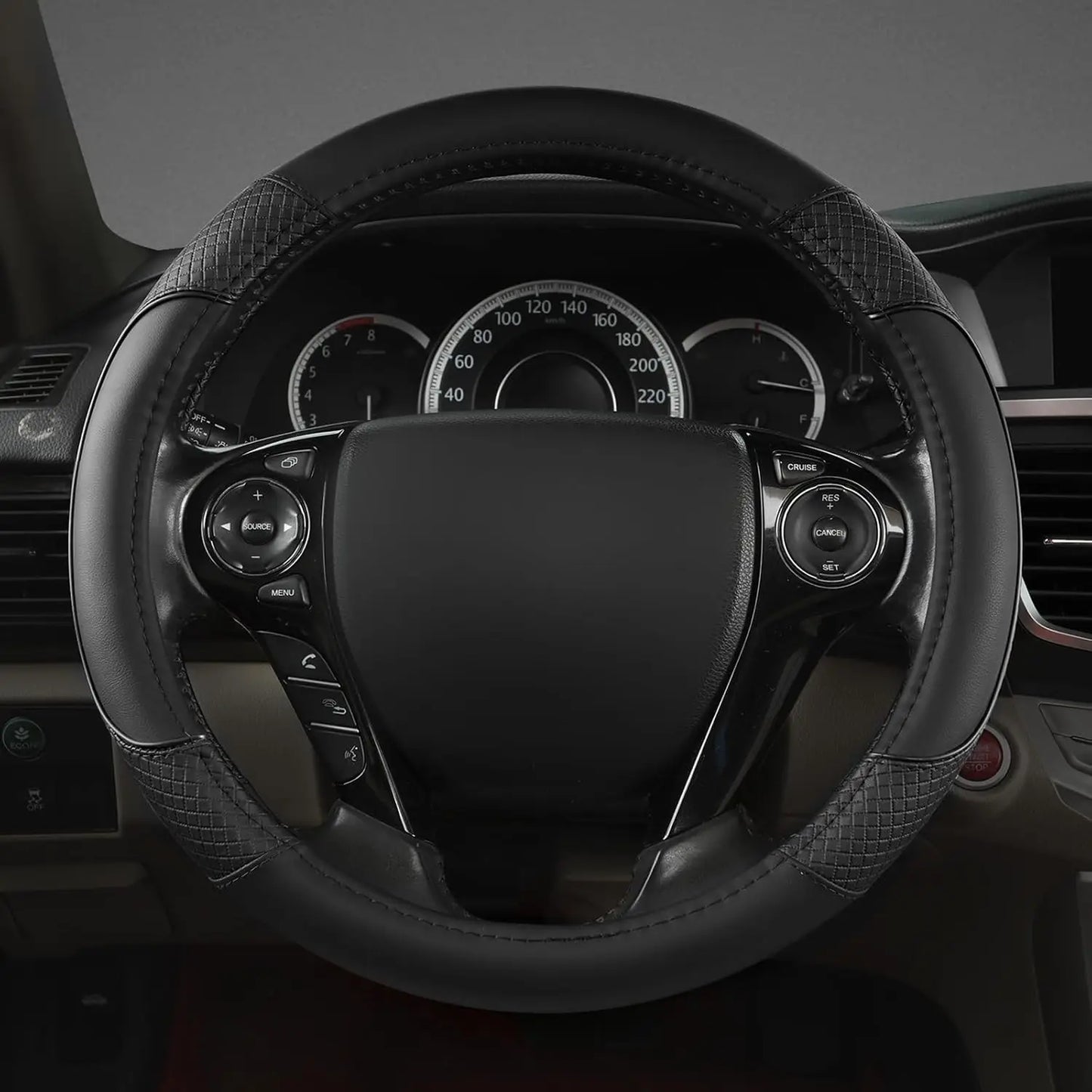 Diamond-Pattern Microfiber Leather Steering Wheel Cover for Honda Accord, Civic, CR-V, HR-V, Pilot - Black Standard Size