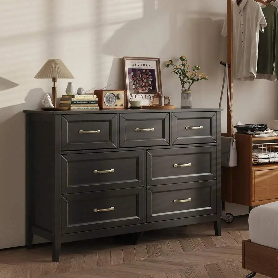 Asofer White Dresser For Bedroom With 7 Drawers, 47" W Chests Of Drawers With Metal Handles, Wood TV StandWith   Anti-Dumping Design And Slide Rails For Living Room, Hallway, Entryway