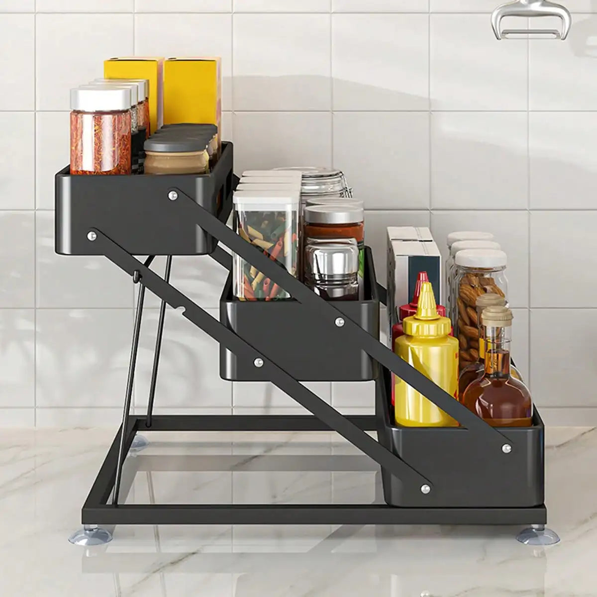 3 Tier Spice Rack Organizer Modern Black Metal Foldable Countertop Seasoning Storage Shelf Space Saving Kitchen Cabinet Organizer Rack With Protection Guardrails For Pantry Dining Table Housewarming Gift