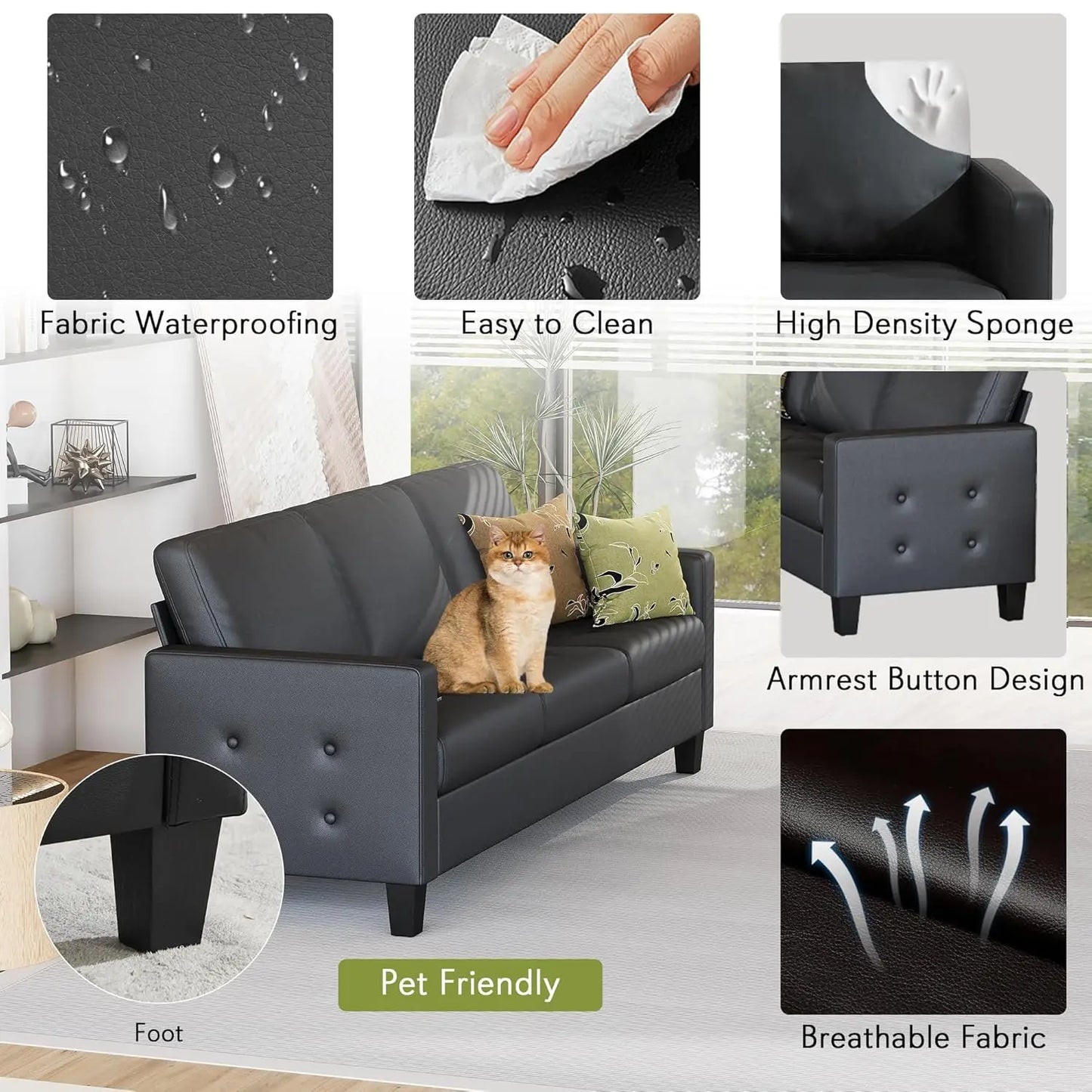 Modern Faux Leather Office Sofa With Tufted Arms USB