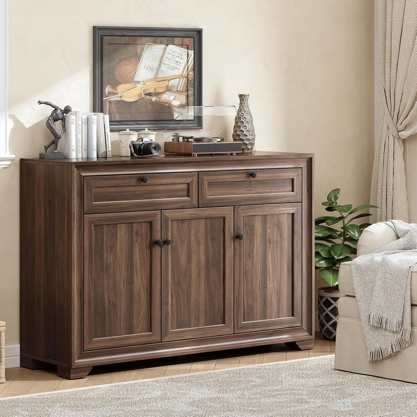 48" Sideboard Storage Cabinet with 2 Drawers + 3 Doors | Wood Coffee Bar Cabinet, Buffet Table Adjustable Shelves Farmhouse Style for Home Kitchen Living Room