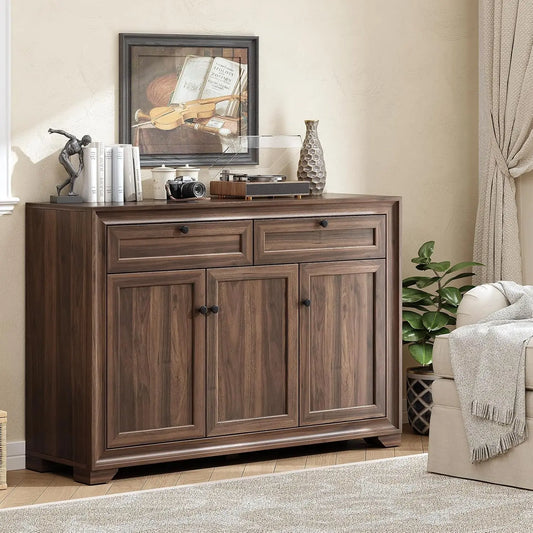 48" Sideboard Storage Cabinet with 2 Drawers + 3 Doors | Wood Coffee Bar Cabinet, Buffet Table Adjustable Shelves Farmhouse Style for Home Kitchen Living Room