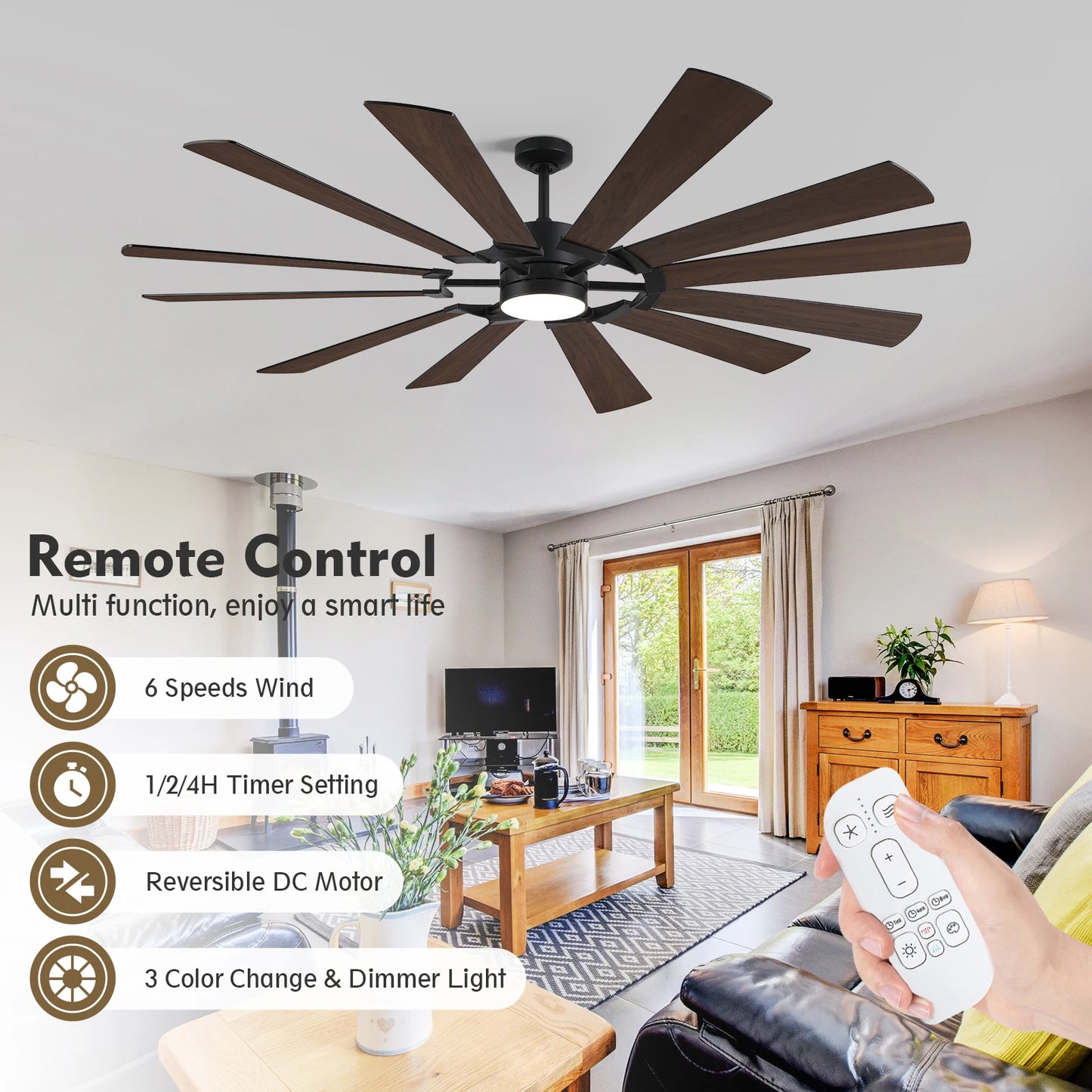 62/72in Industrial Ceiling Fan with Light & Remote Dual-finish Blades Quiet Reversible DC Fan High CFM Energy Efficient 3CCT LED