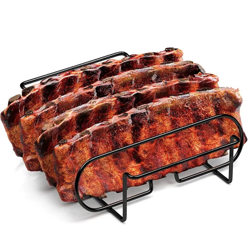 1PC BBQ Rib Racks Non-Stick Coated Steel Roasting Barbecue Meat Roasting Grilling Stand Holds 4 Rib Rack For Gas Grill