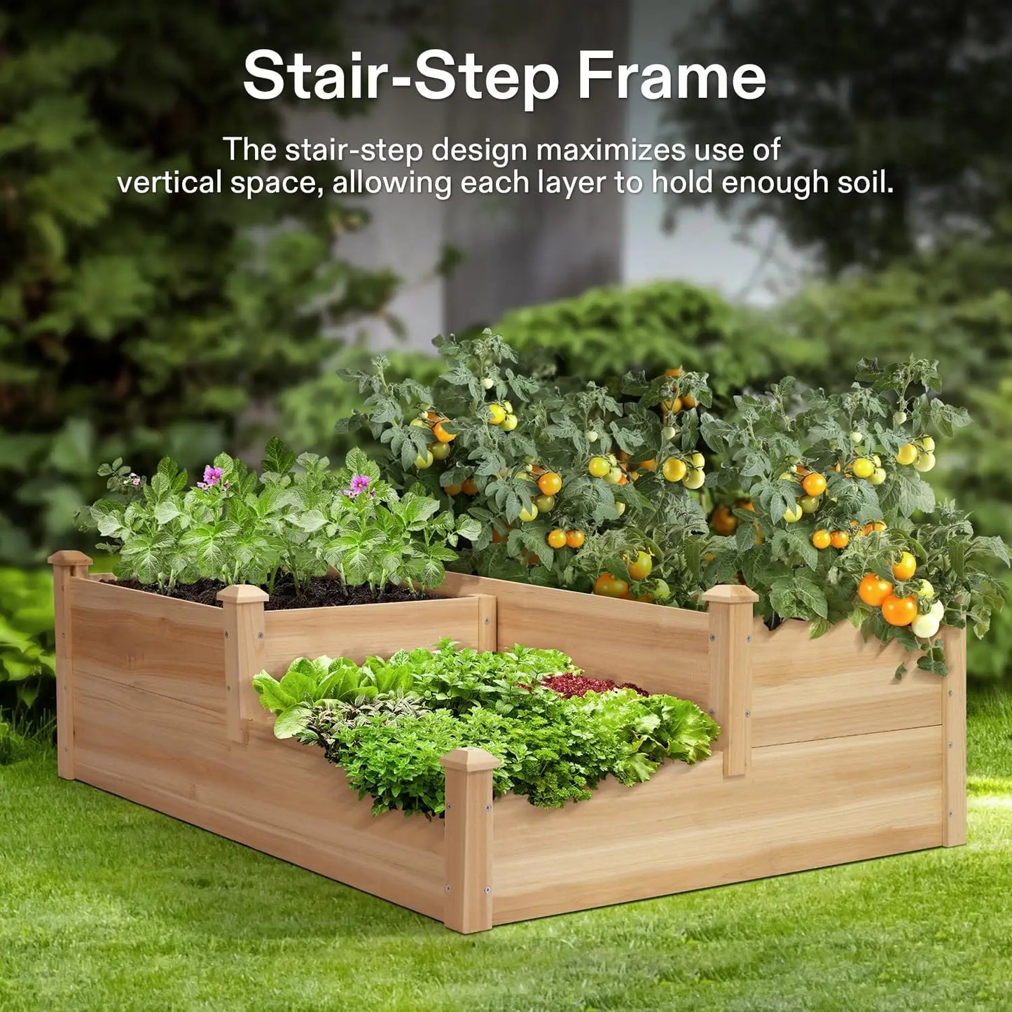 3-Tier Wooden Raised Garden Bed, 42.5x34.5x15 Inches Elevated Planter Box with Screwdriver for Outdoor Planting