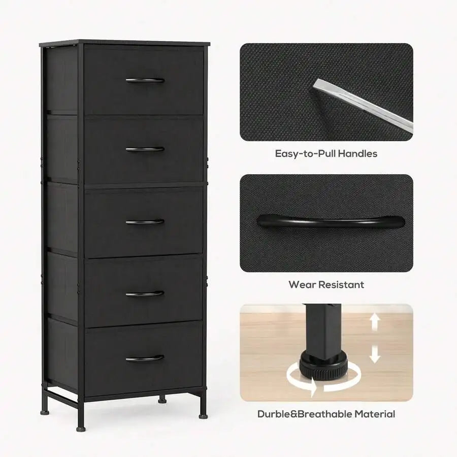 Sweetcrispy 5 Drawer Dresser With Fabric Bins, Sturdy Steel Frame And Wood Top, Storage Organizer Chest For Bedroom, Closet, Hallway, Black