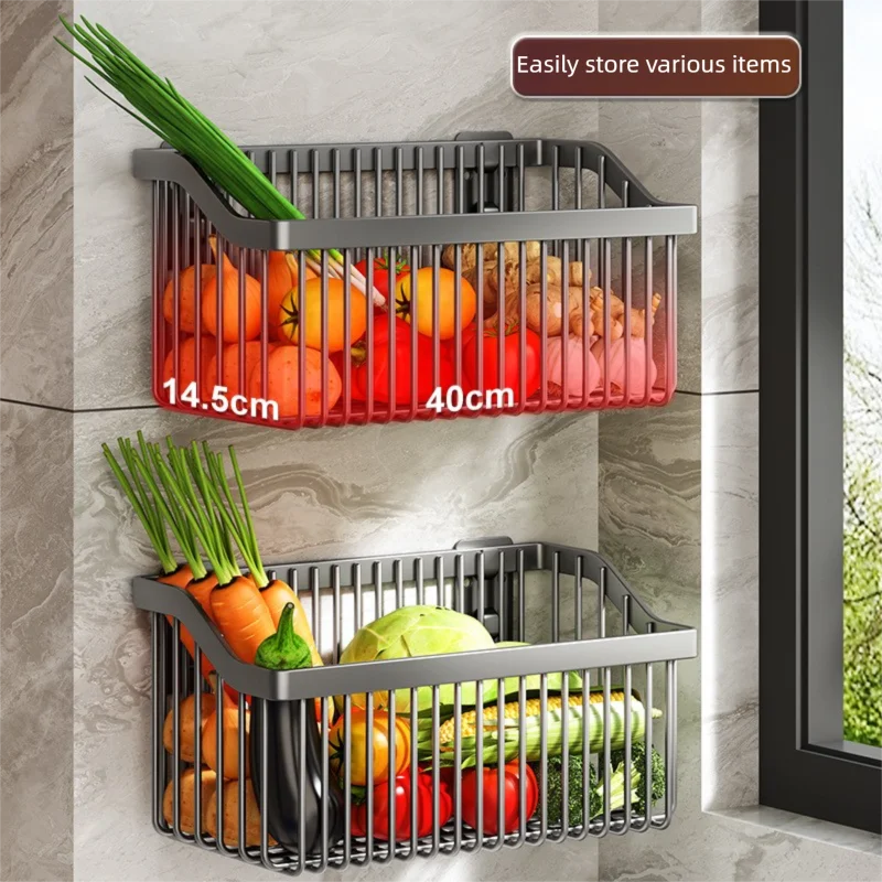 AOBT No-Drill Multifunctional Wall-Mounted Spice Rack Kitchen Storage Organizer Salt Seasoning Jar Vegetable Basket Rack