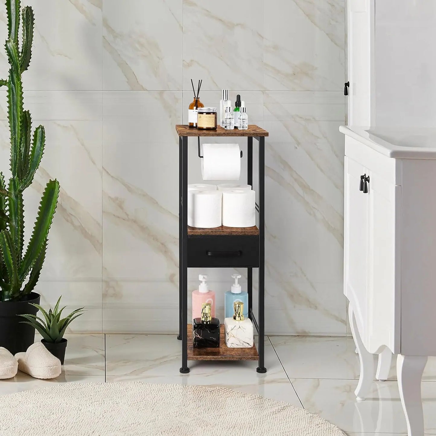 Bathroom storage cabinet, independent toilet paper storage cabinet with sliding storage drawer, farmhouse small bathroom rack