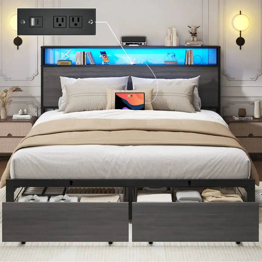 Queen & Full Bed Frame With Storage, 2-Tier Storage Headboard & Built-In Drawers, Metal Platform Bed With USB Charging Station & LED Lights, Noise Free, No Box Spring Needed, Easy Assembly,Rustic Grey