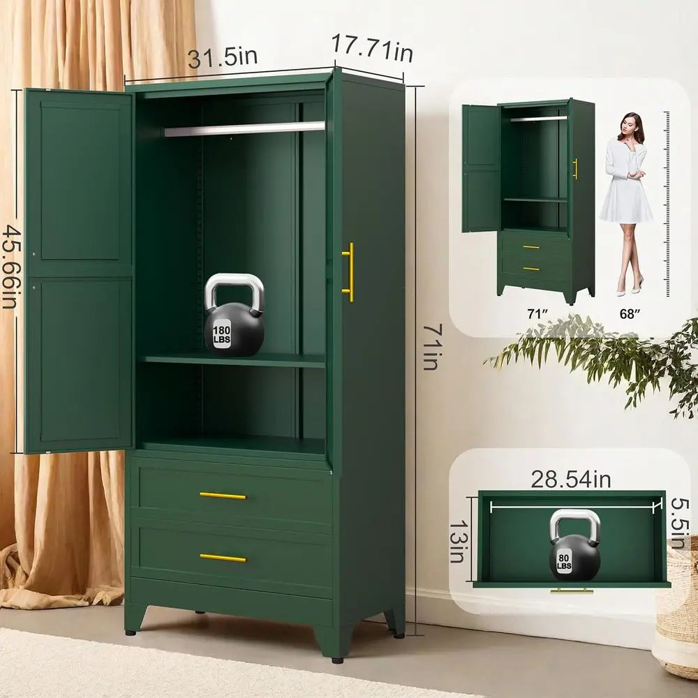 Green Metal Wardrobe Cabinet with Hanging Rod, 2 Doors, Adjustable Shelf, Drawers for Bedroom, Closet, and Storage