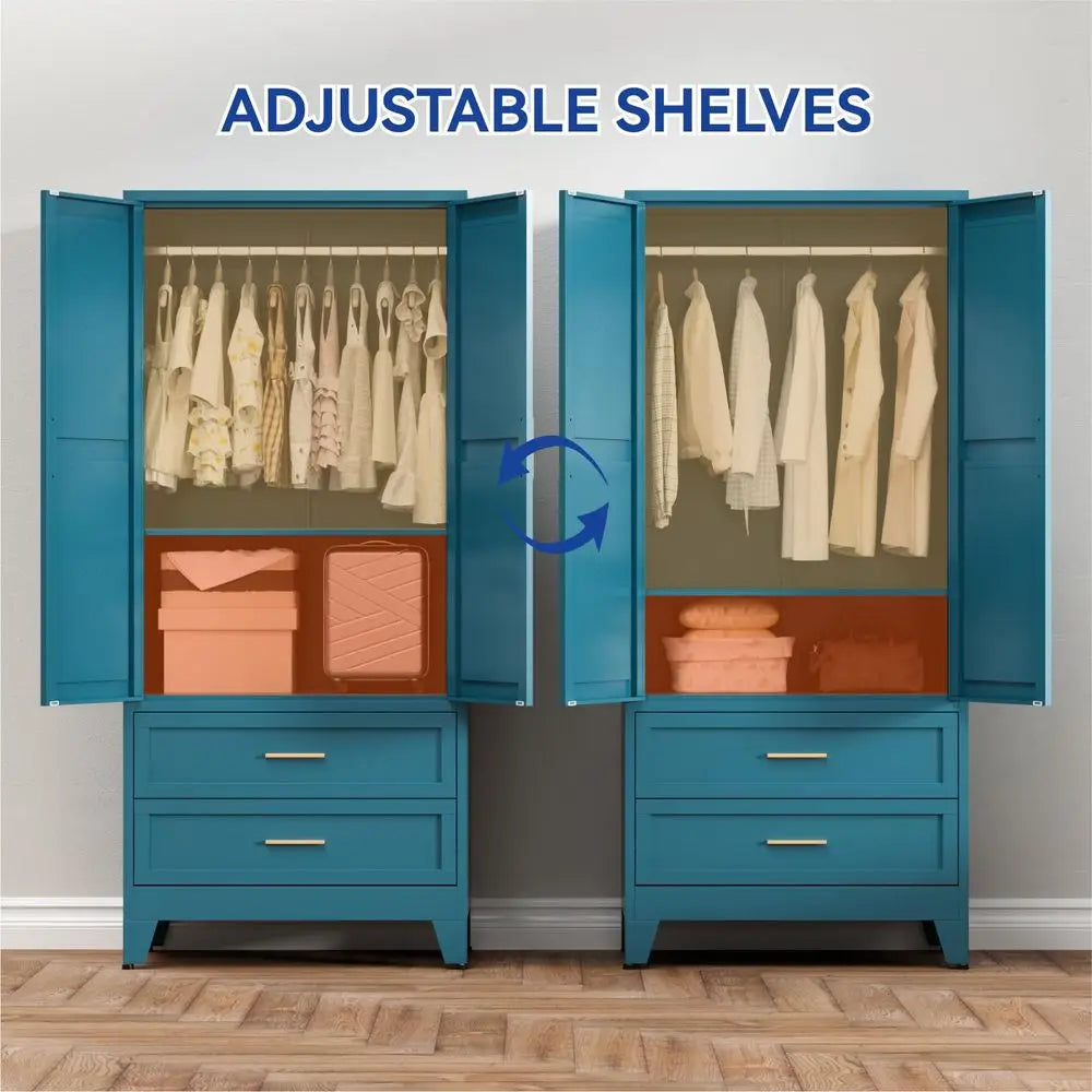 Armoire Wardrobe Closet with Drawers amp Hanging Rod, 71 Metal Wardrobe Closet with Doors amp Adjustable Shelf, Farmhouse Wardr