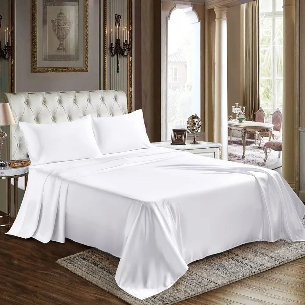 Satin Sheets Queen Size 4 Piece Bed Sheet Set with Silky Deep Pocket Fitted Sheet Flat Sheet and 2 Pillowcases