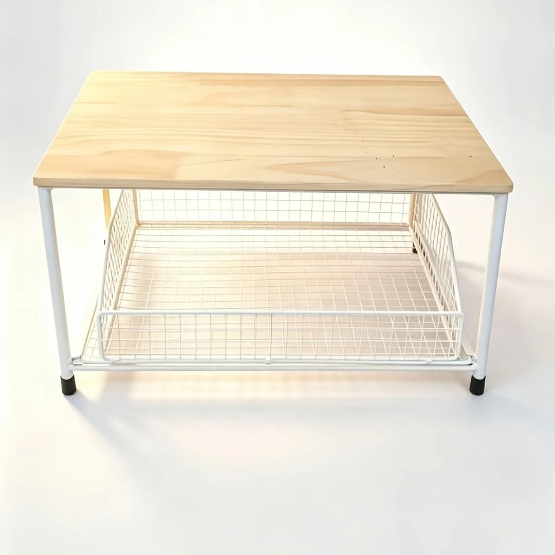 Kitchen Counter Storage Rack with Metal Drawer, Solid Wood & Metal Pull-Out Organizer for Coffee Maker, Microwave And Tableware