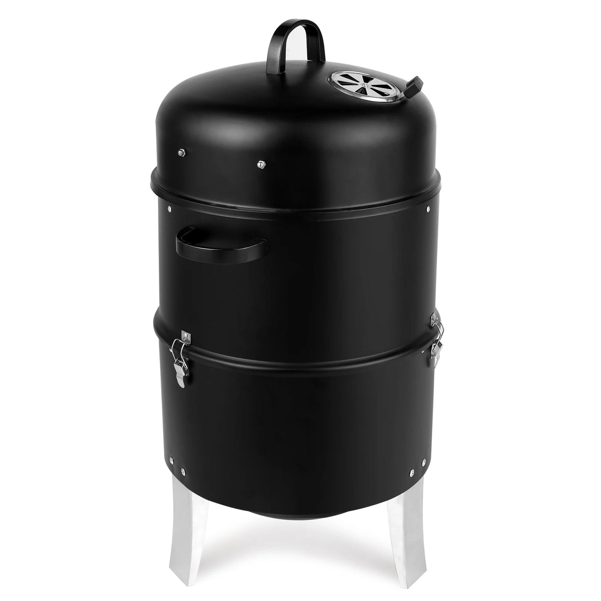 Vertical Steel Charcoal Smoker Heavy Duty Double Layer Round BBQ Grill for Outdoor Cooking Black with Thermometer Chrome Grates