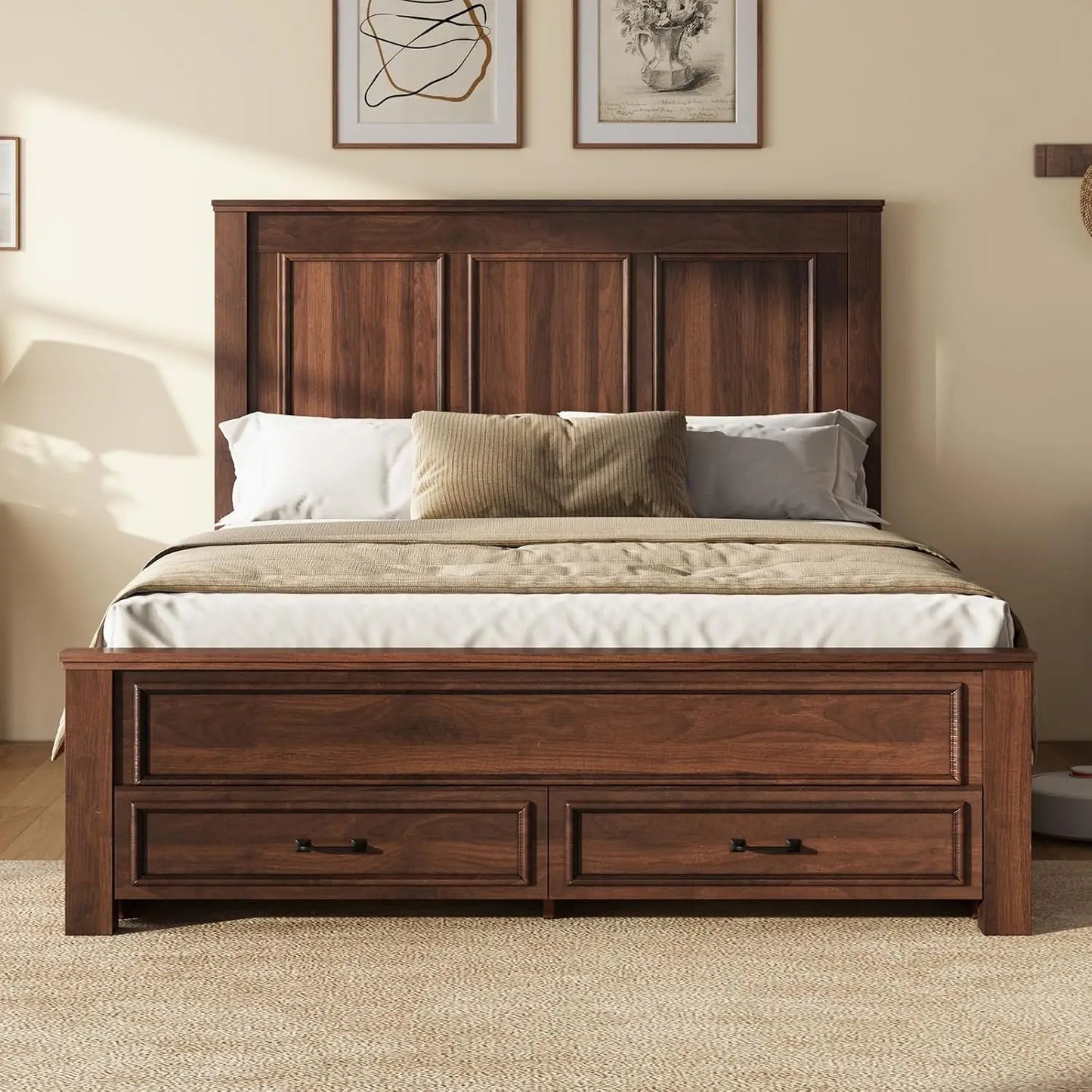 52.2" Queen Size Farmhouse Bed Frame with Headboard, Rustic Brown | Tall Panel Headboard & Footboard, Wood Platform Bed, Custom