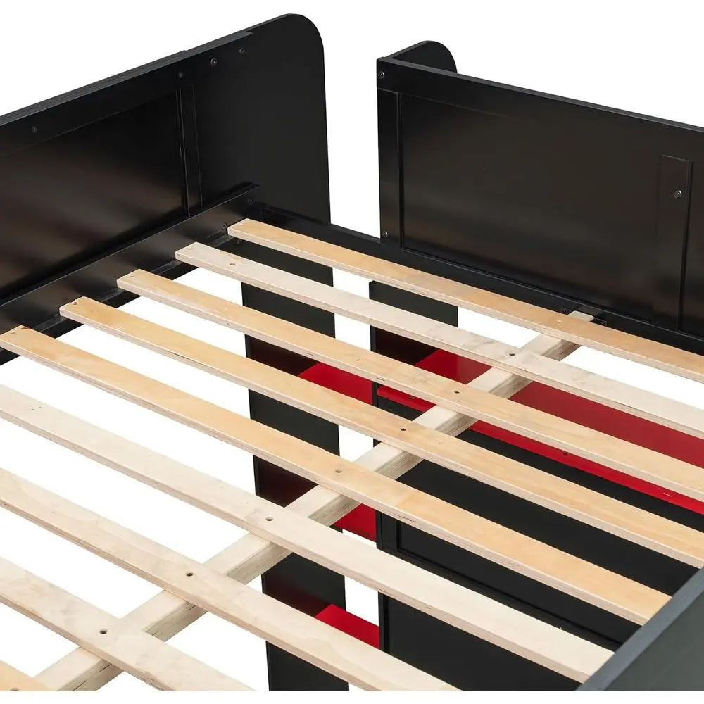 ull Size Gamer Lot Bed with Height-Adjustable Desk,Wardrobe,Ample Storage Space,and RGB Light, Wooden Bunk Bed or Gaming Setup (
