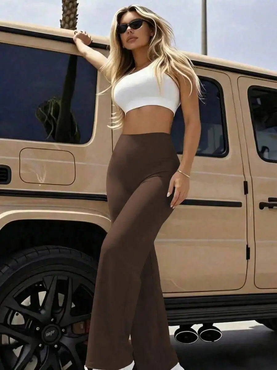 Women's High Waist Wide Leg Pants For Outdoor Exercise, Comfortable Sports Casual Leggings, High Elastic Flare Pants For Commuti