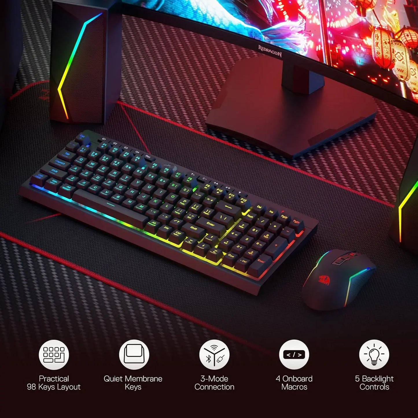 Redragon S142 Wireless Gaming Keyboard & Mouse Combo, 98 Keys K515 PRO Wireless RGB Membrane Keyboard