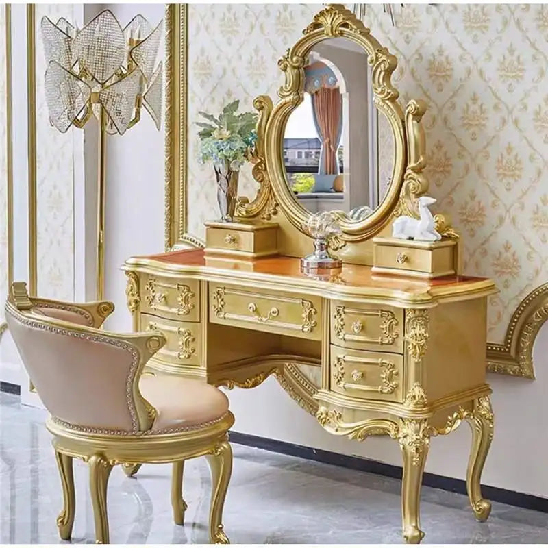 European dresser solid wood carving flower princess bedroom dressing table assembly dark retro American dressing table small apa