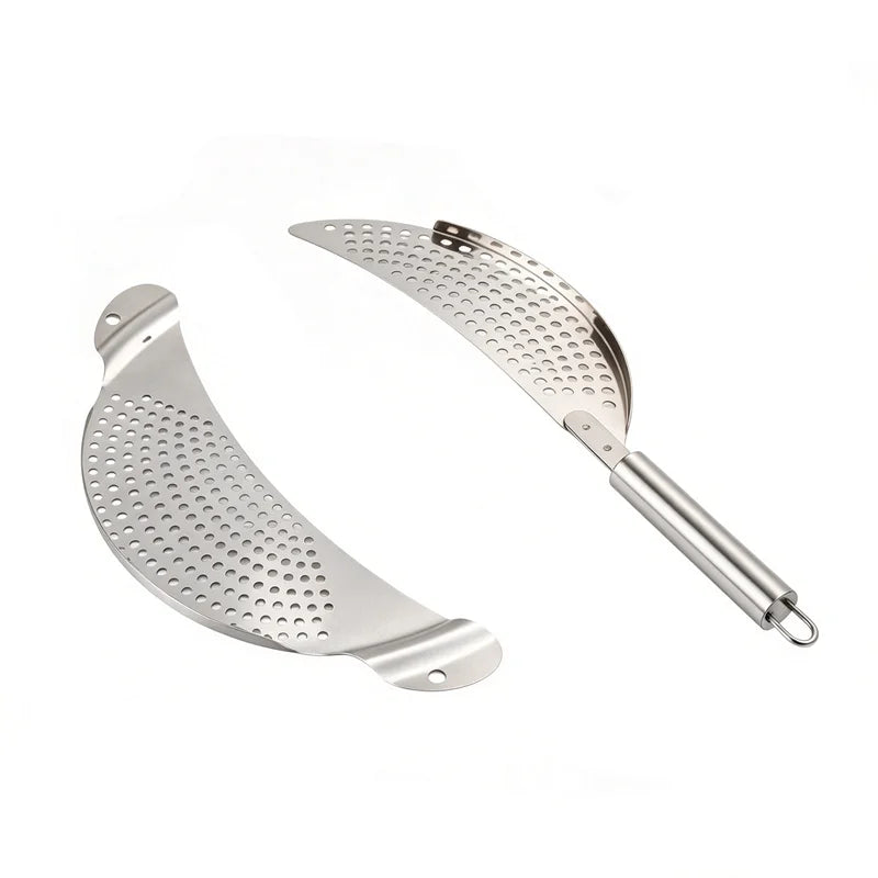 Stainless Steel Pot Strainer Kitchen Colander with Handle Held Crescent Drainer Pan Crescent Pot Strainer Pasta Noodles Strainer