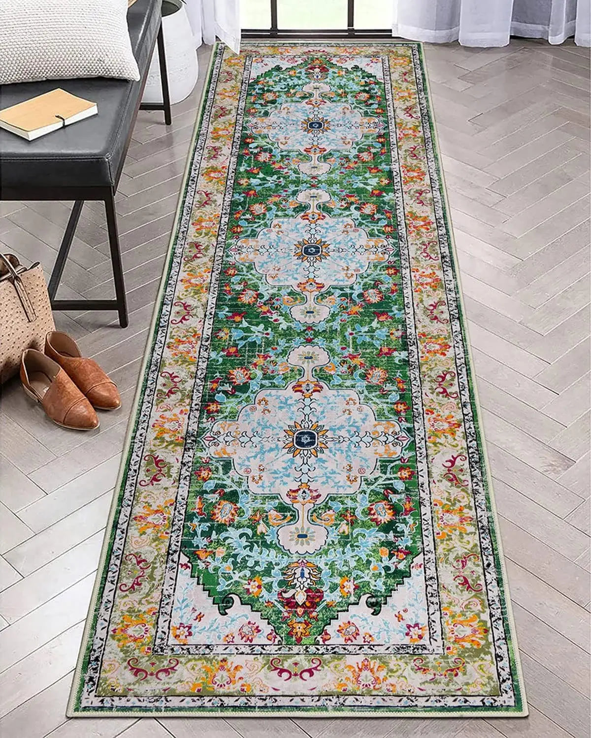 Boho Hallway Runner Rug Vintage Ethnic Style Non Slip Kitchen Rug Water Absorbent Dirty Resistant Entryway Laundry Living Room