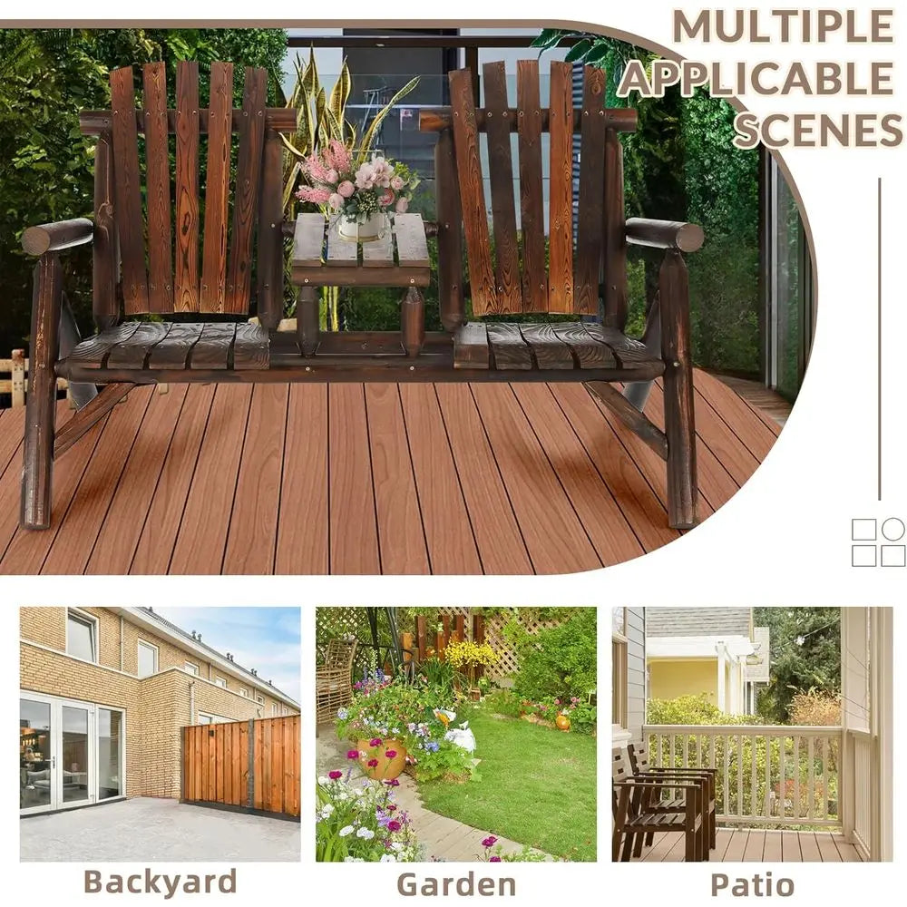 Rustic 2-Person Wooden Adirondack Bench Set with Loveseat and Built-in Table for Patio, Garden, or Poolside