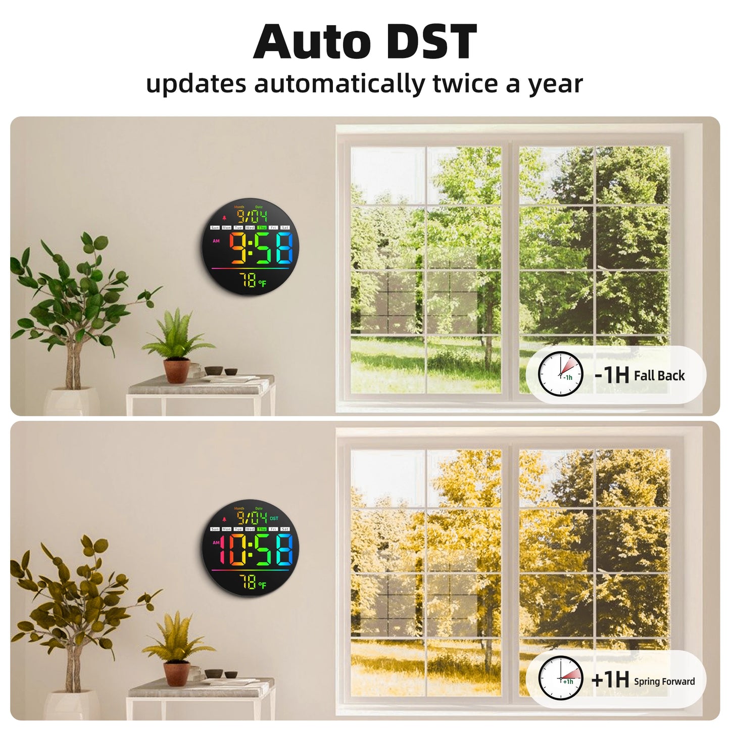 8‘’LED Wall Clockwith Timer,Temperature,Date,Night Light,RGB Color,Alarm,5-Level BrightnessDigital Clock for Classroom,Bedroom