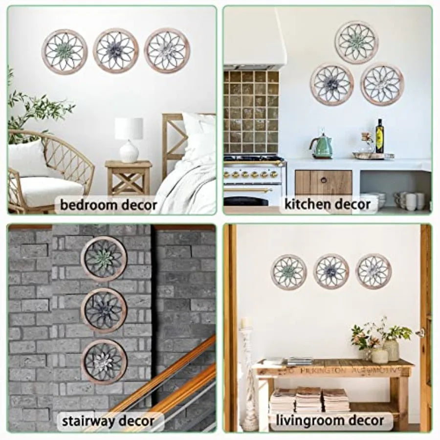 3 Pcs Round Farmhouse Wall Decor with 6 Pcs Interchangeable Flowers 12'' Medallion Wood and Metal Rustic Wall Art for Living Ro