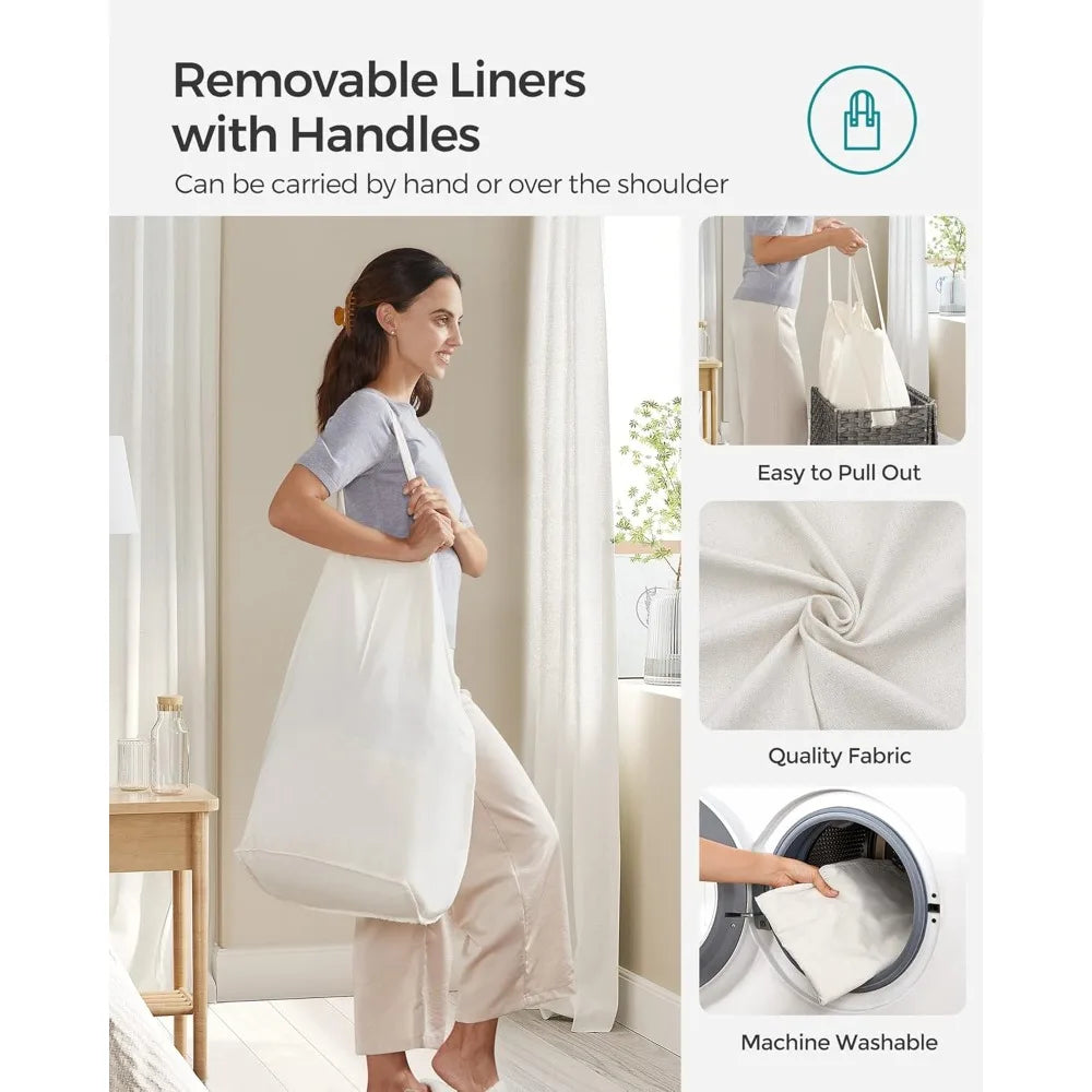 Large 110L Laundry Hamper with Lid, 2 Removable Liners & 6 Mesh Bags, Breathable Wicker Basket for Family Bathroom Storage
