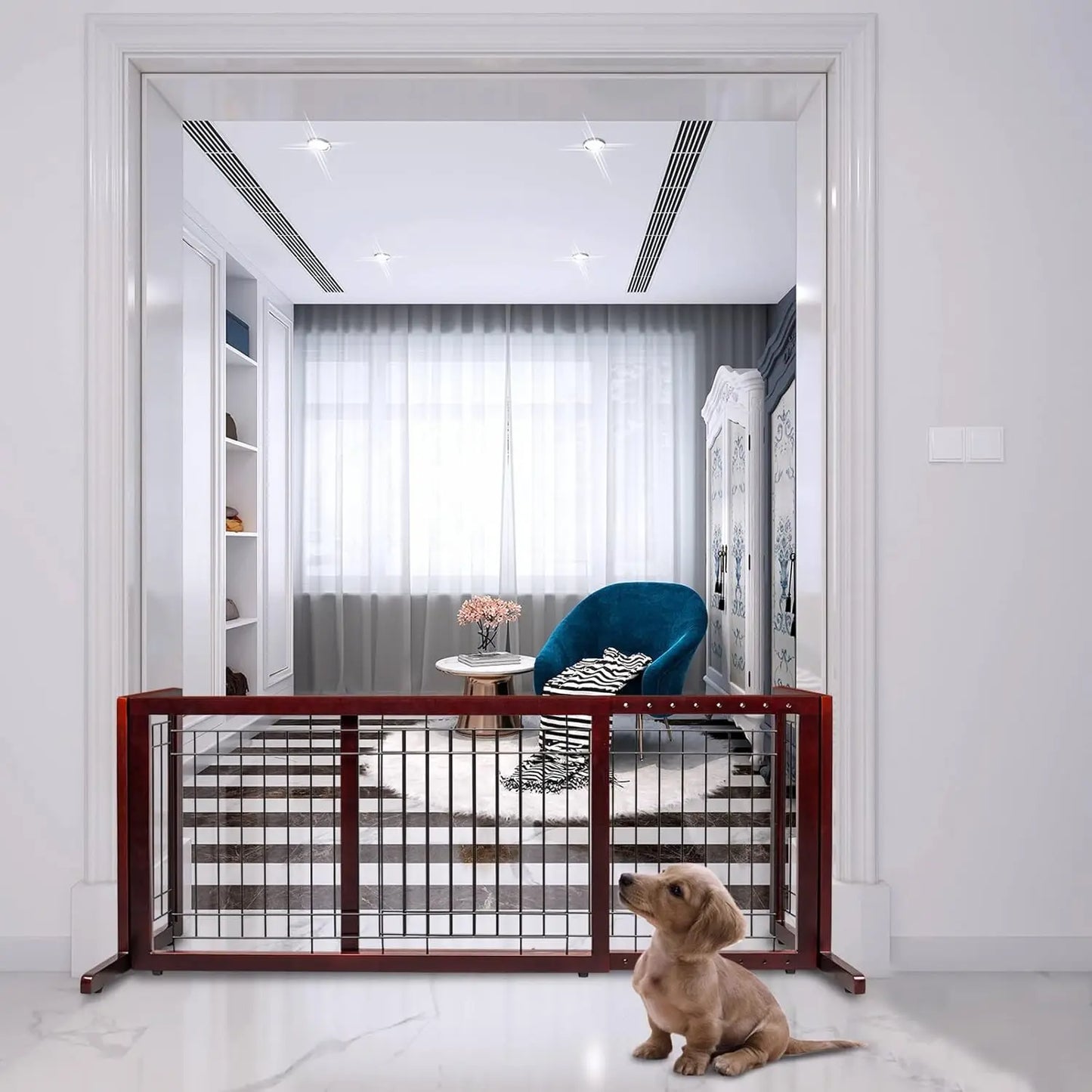Bonnlo Cherry Free Standing Dog Gate 37"-68" Wide Adjustable Wooden Pet Fence Indoor for Fireplace Stairs Doorways Christmas Tre