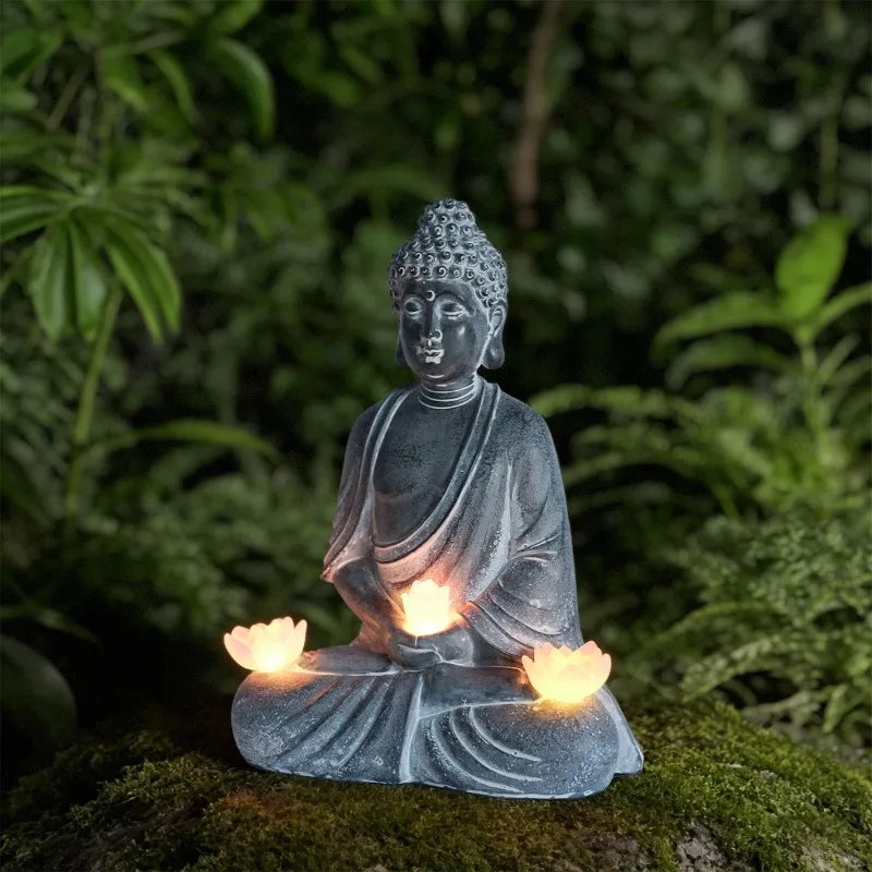 Buddha Figurines, Chinese-style Zen Garden Statues Solar-powered Garden Lights Horticultural Landscape Decorations Resin