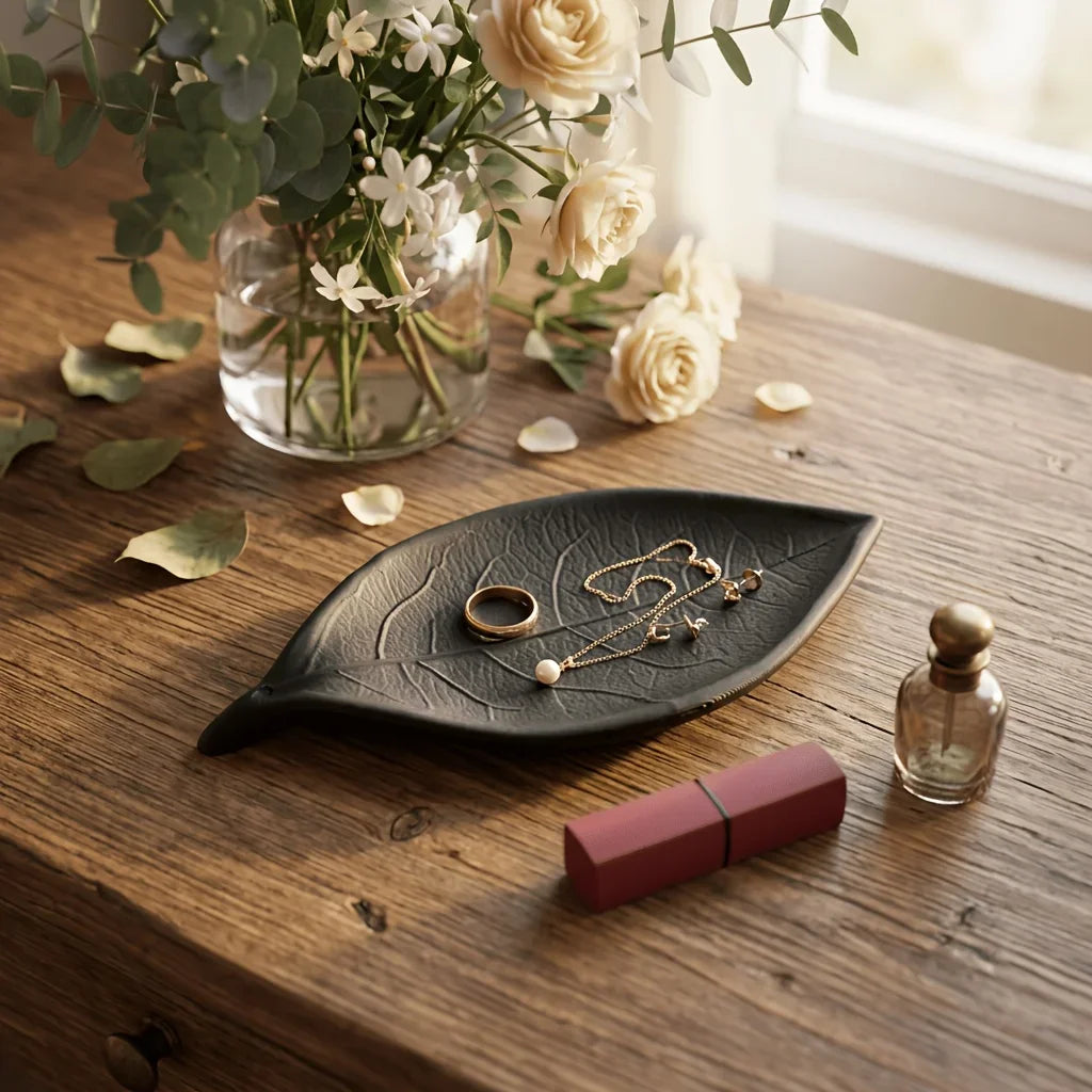 Minimalist 3D Leaf Jewelry Dish, Decorative Vanity Tray for Ring, Necklace & Bracelet Storage, Elegant Desktop Organizer Display
