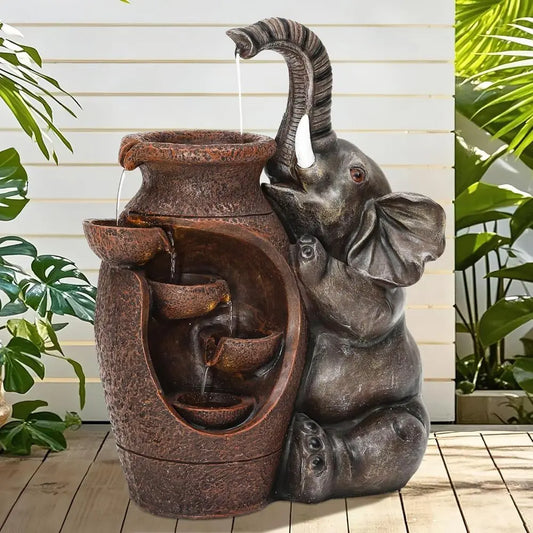 19" H Elephant Jar Outdoor Water ountain, Rustic armhouse Water eature with Tranquil Cascading Waterall, Relaxing Garden Patio Y