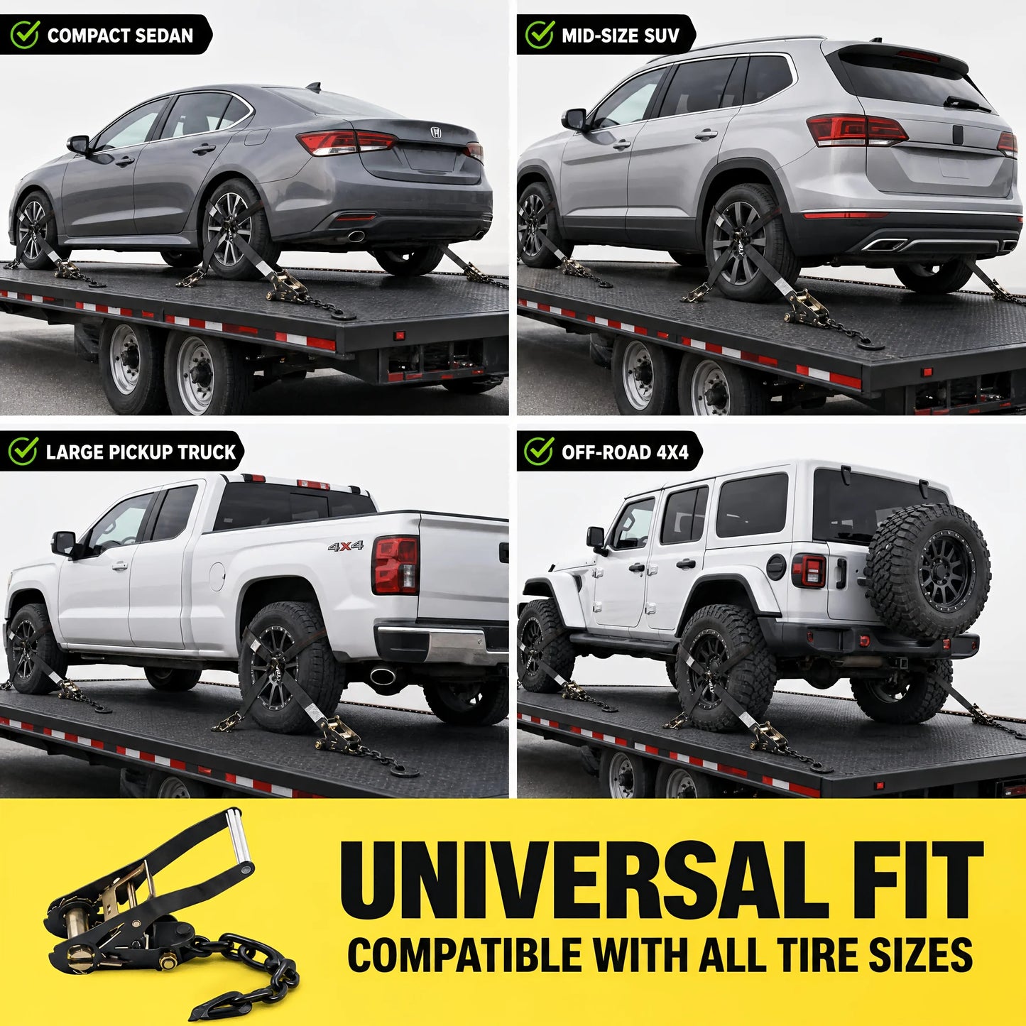4 Pack Reflective Car Tie Down Straps For Trailers - Tire Ratchet Strap With Chain Anchors - 2" X 8' 9900LBS Break Strength - Lasso Style Wheel Straps For Hauling UTV, SUV, Truck