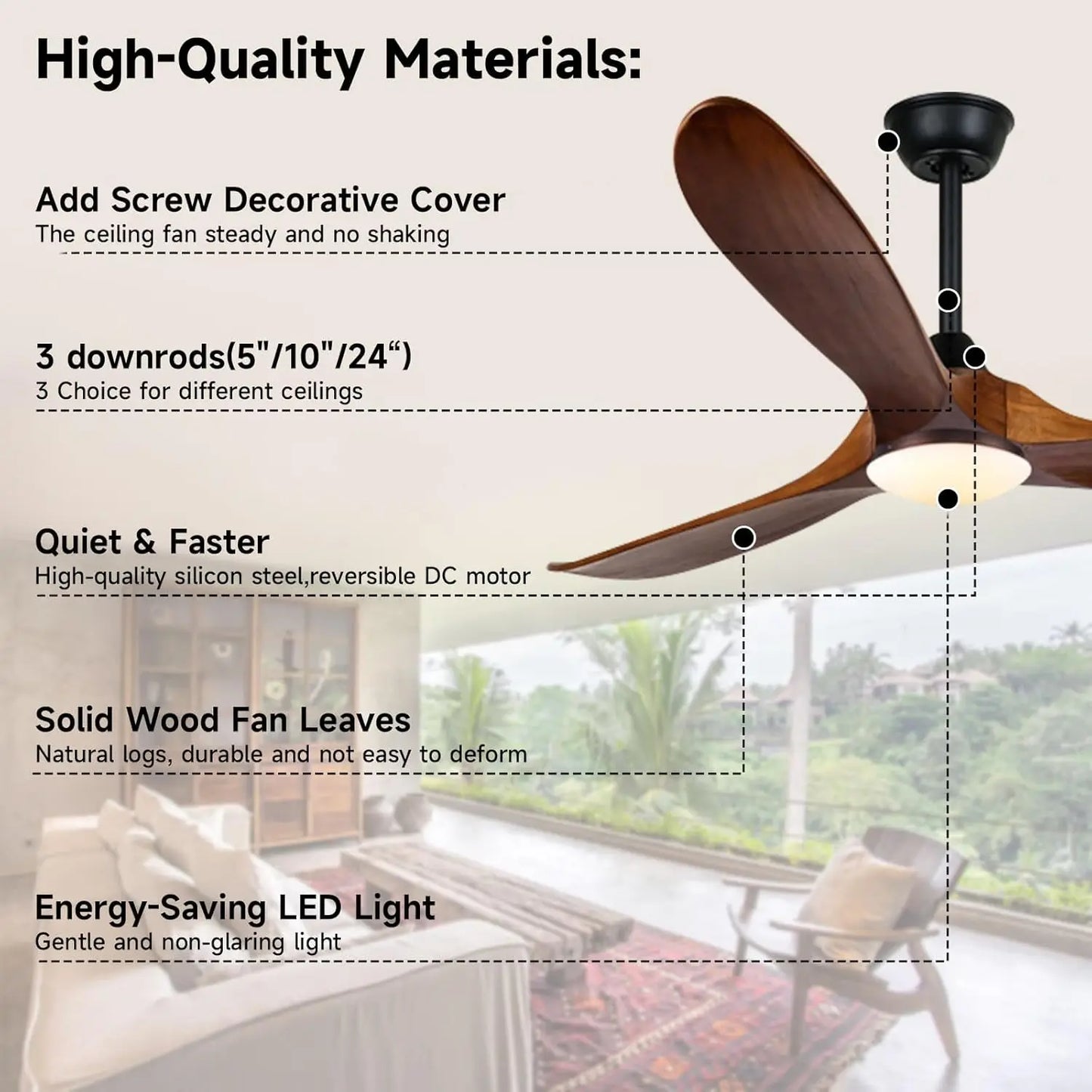 52/60/70-inch Ceiling Fan with Light and Remote 3 Wood Blades High CFM Dimmable LED Noiseless Reversible DC Fans for Bedroom