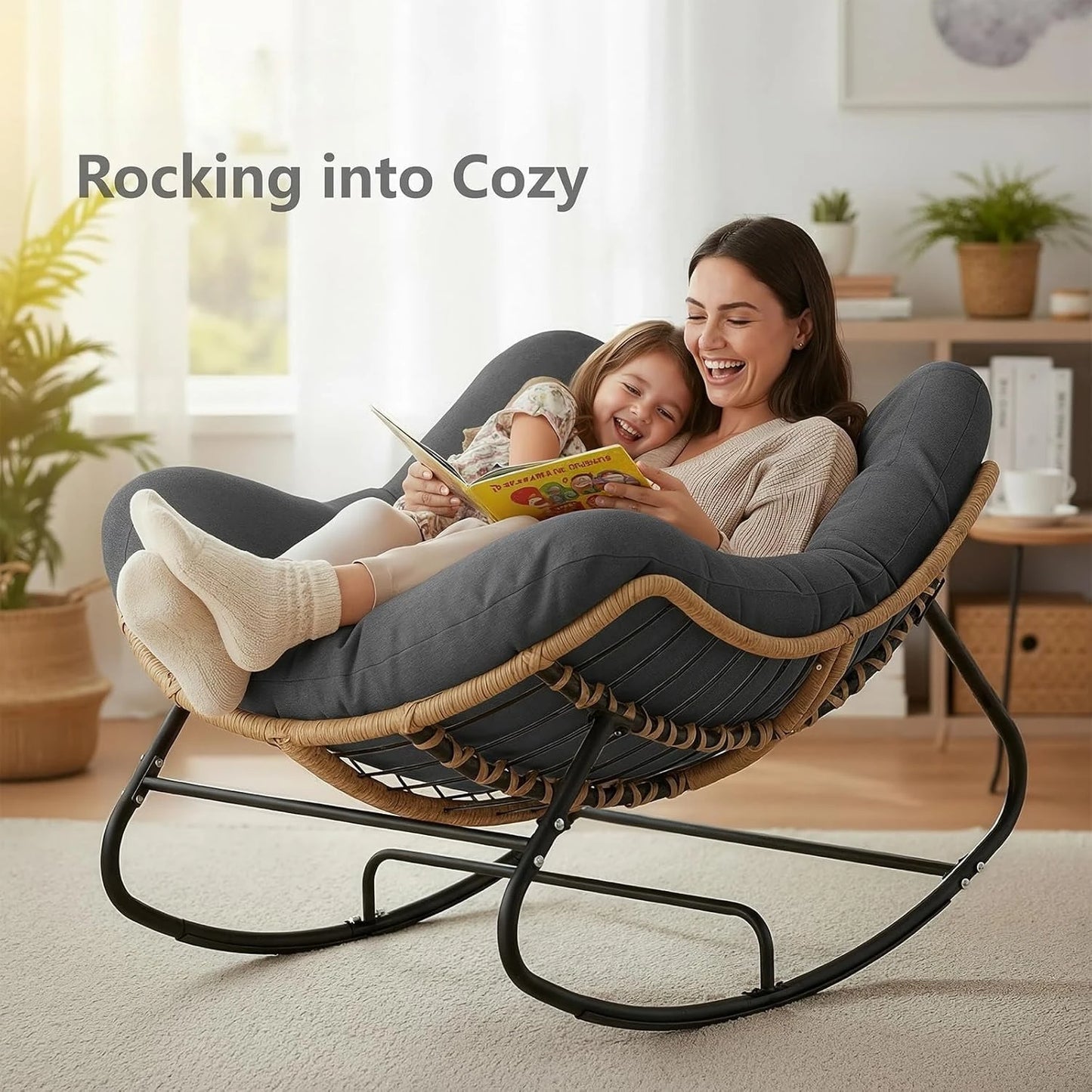 Outdoor Rocking Chair, Oversized Patio Papasan Rocker, Comfy Wicker Reading Lounge, Indoor Egg Chair for Bedroom,, Customized