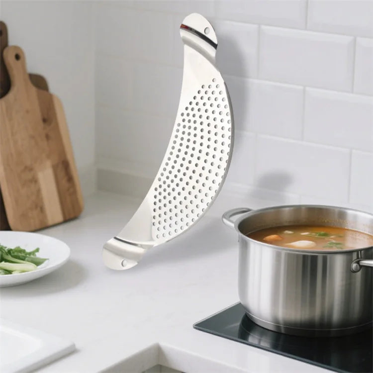 Stainless Steel Pot Strainer Kitchen Colander with Handle Held Crescent Drainer Pan Crescent Pot Strainer Pasta Noodles Strainer