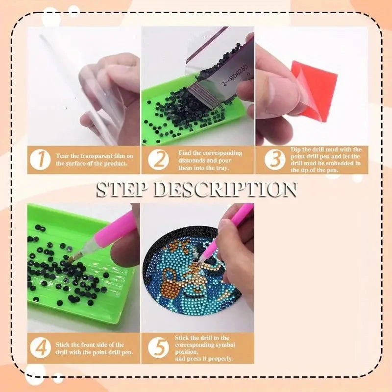 8 pieces/set of dog, beach, lighthouse pattern diamond painted coaster set, sparkling rhinestone heat-resistant beverage mat wit