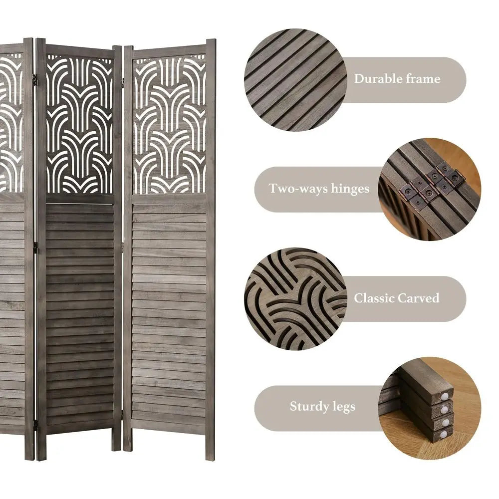 Folding Room Divider, 66.9 Inch 4 Panels Wood Carved Privacy Screens, Free Assembled Freestanding Portable Separation Wall for
