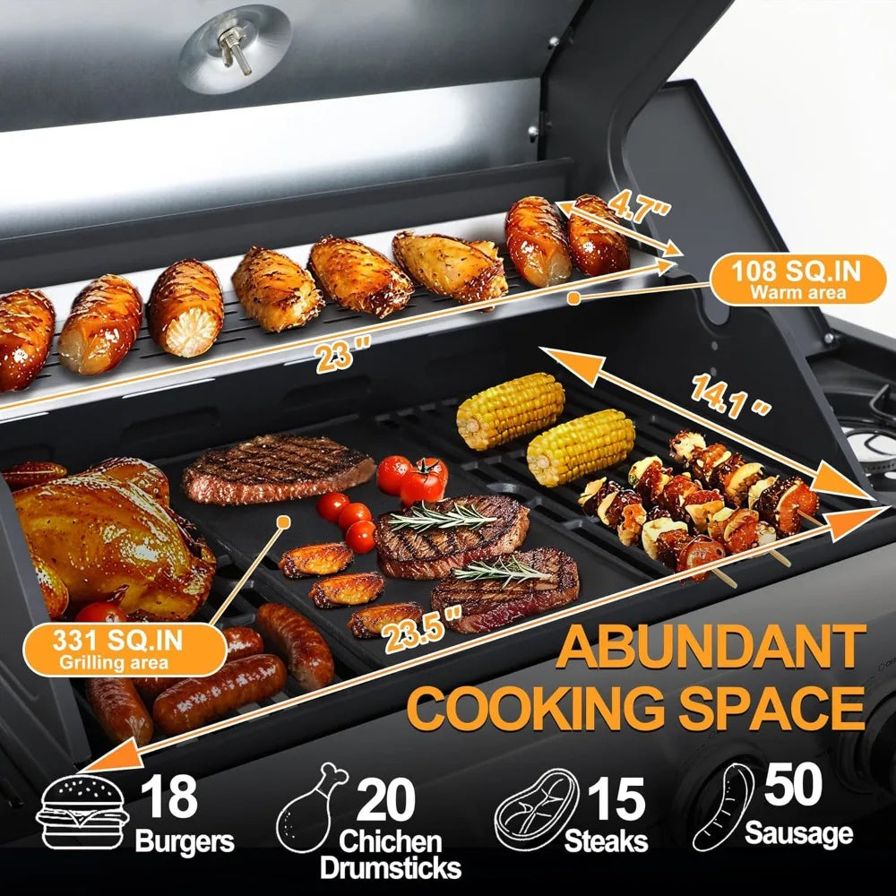 Propane Gas Grill with Side Burner 4 Main Burners 49000 BTU Stainless Steel Lid Cast Iron Grids Easy Clean Grease