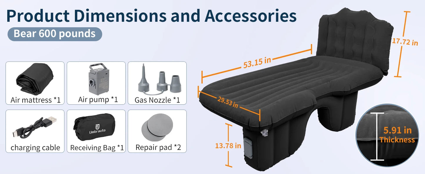 Umbrauto Back Seat Car Air Mattress: Cordless Inflatable SUV Car Camping Bed for Truck Van with Built-in Air Pump, Thickened Double-Sided Flocking Travel Car Sleeping Pad