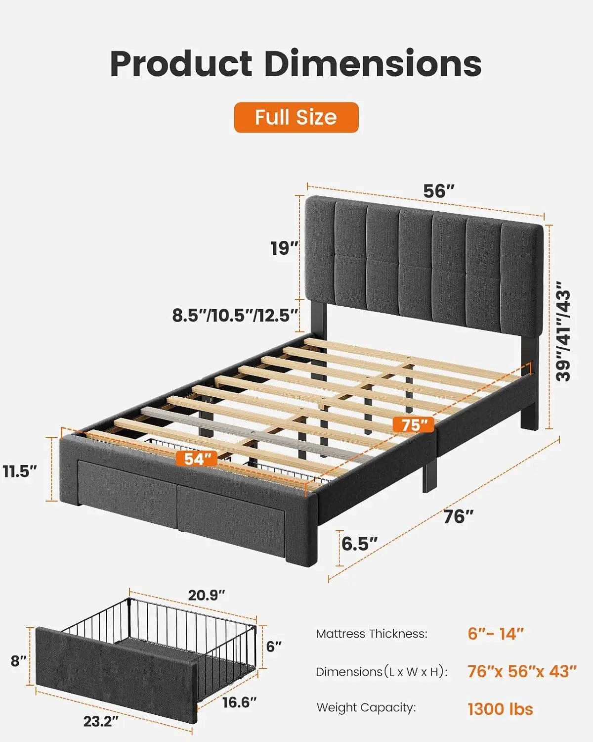 Full Size Solid Wood Platform Bed Upholstered Headboard 2 Storage Drawers 12 Sturdy Legs Fit 6"+ Mattress, Custom