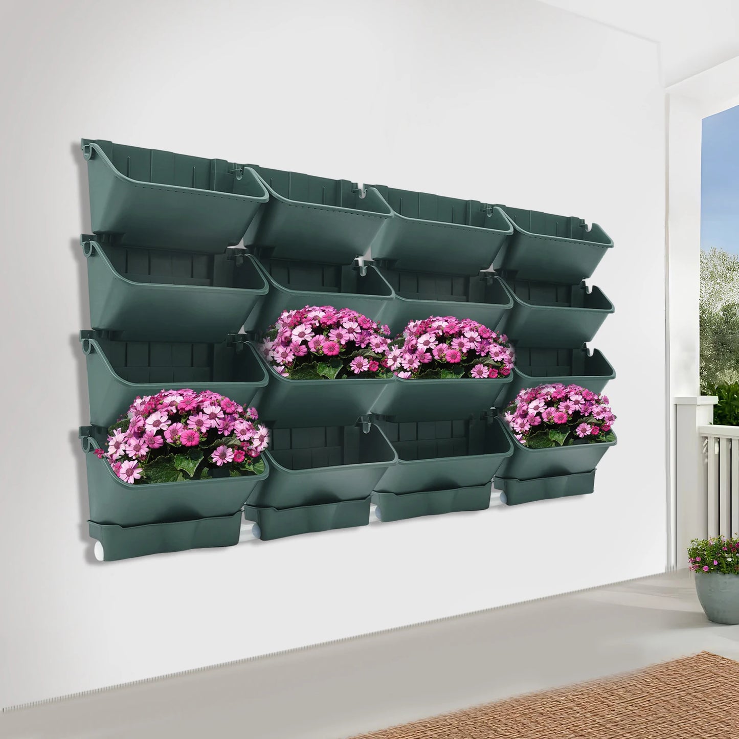 16PCS Hanging Garden Plant Wall Flower Pot Container Wall Hanging Vertical Green Plastic Planting Box W/4 Drainage Pots & 1 Pipe