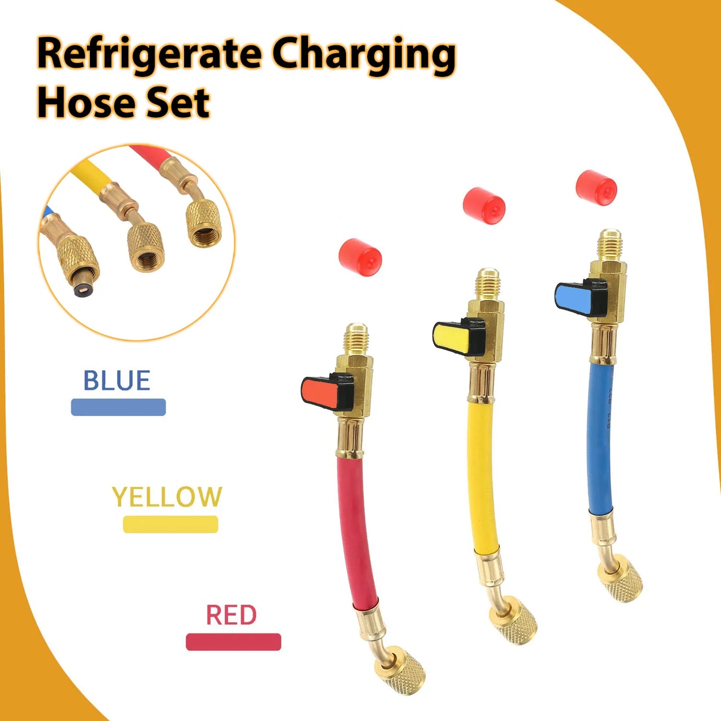 R134A R22 R12 1/4" SAE Charging Hoses and Ball Valve Set for AC HVAC Maintenance Air Condition Refrigeration Charging Tool